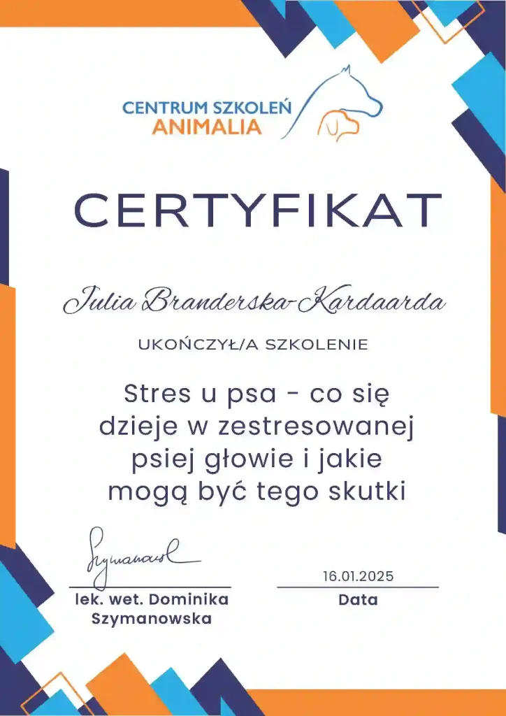 ertyfikat udziału w szkoleniu Stres u psa - co dzieje się w zestresowanej psiej głowie i jakie mogą być tego skutki