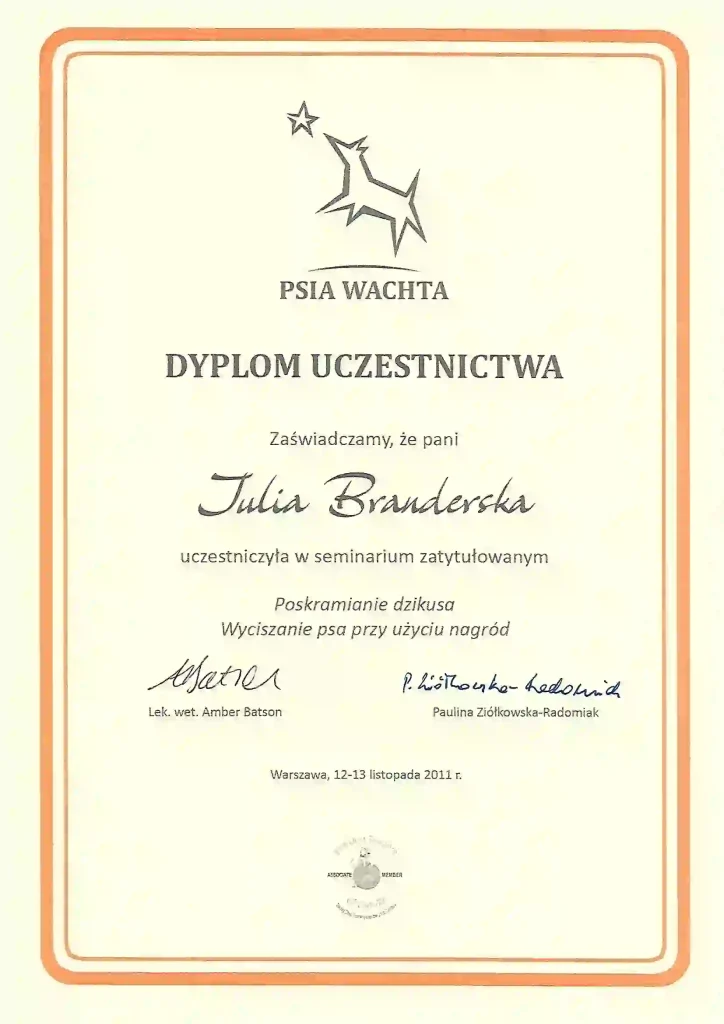 Dyplom uczestnictwa w seminarium Poskramianie Dzikusa