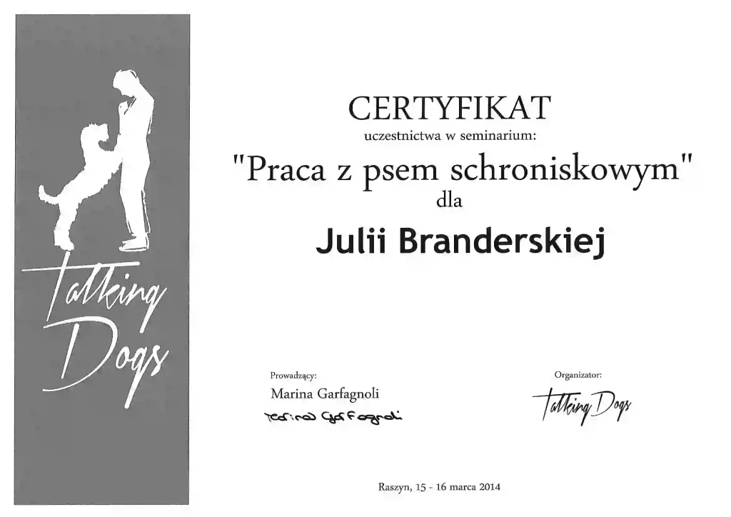 Certyfikat z udziału w szkoleniu Praca z psem schroniskowym