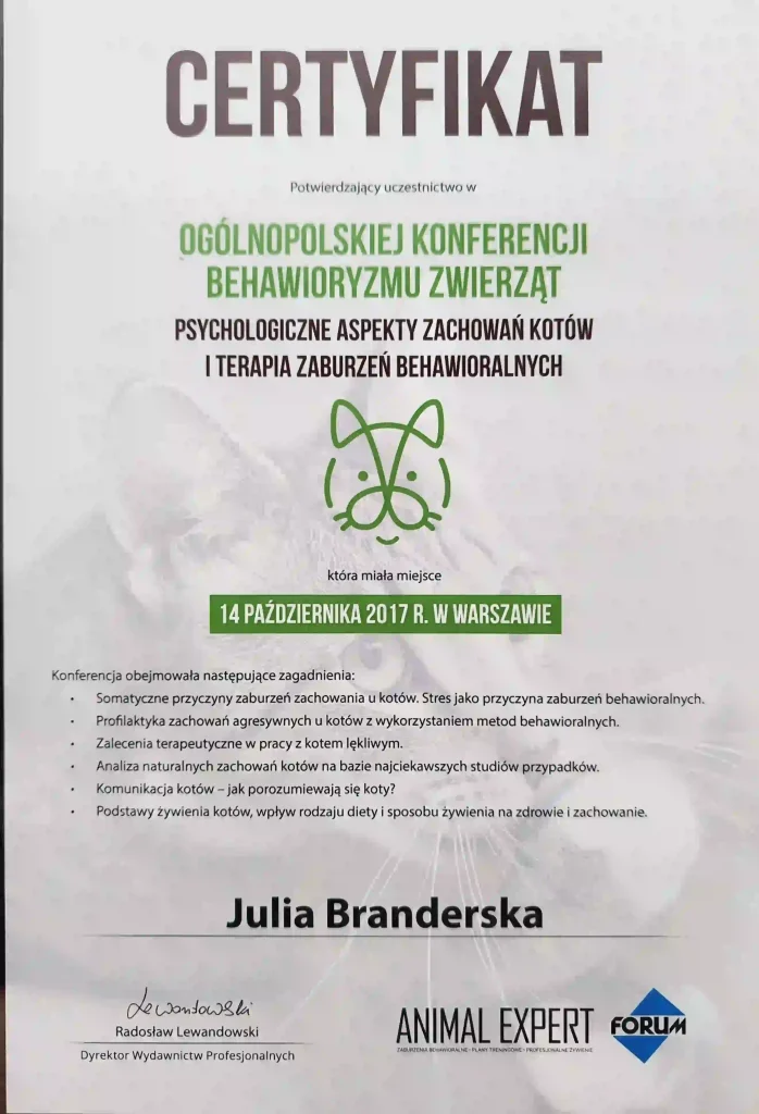 Certyfikat potwierdzający udział w konferencji Psychologiczne aspekty zachowań kotów