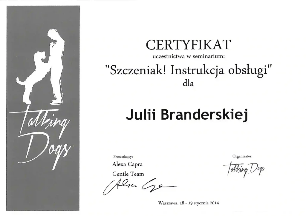 Certyfikat udziału w szkoleniu Szczeniak - instrukcja obsługi