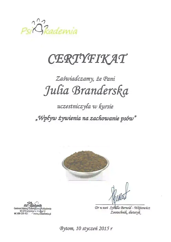 Certyfikat kursu Wpływ żywienia na zachowanie psów