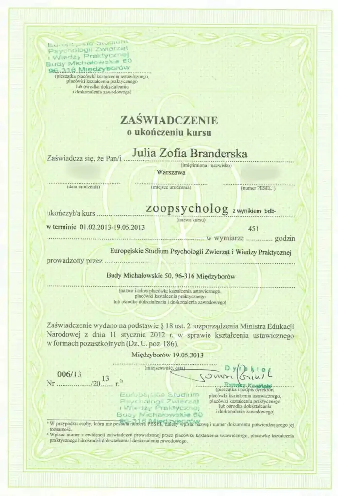 Zaświadczenie o ukończeniu kursu zoopsychologa